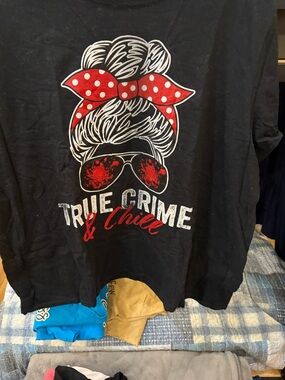 Black short sleeve top true crime and chill